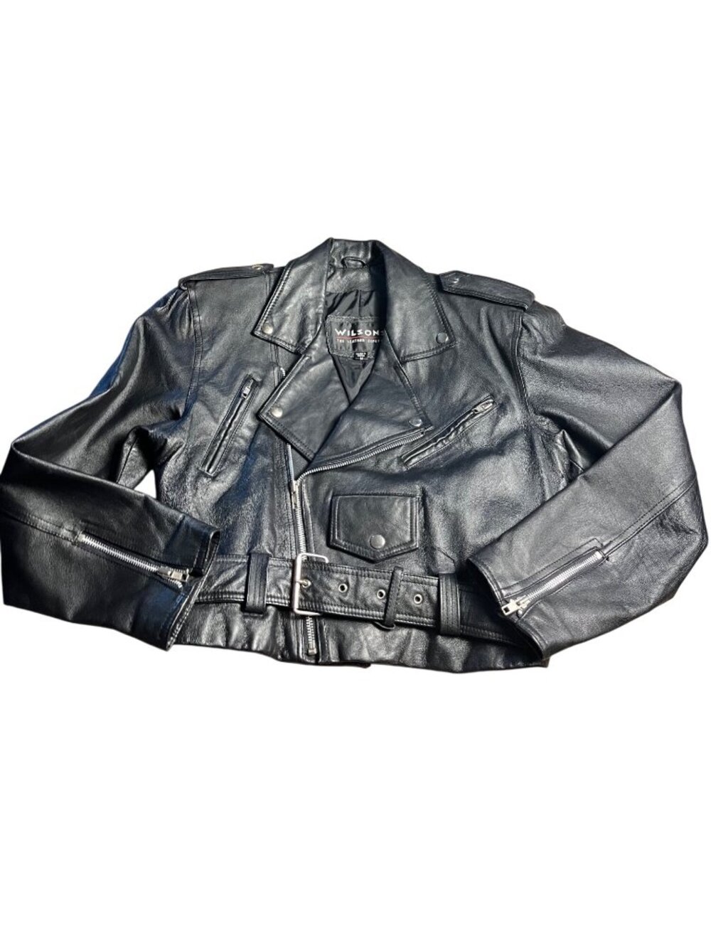 VTG 80s 90s Wilsons Black Belted Leather Cropped Biker punk Moto Jacket Womens M